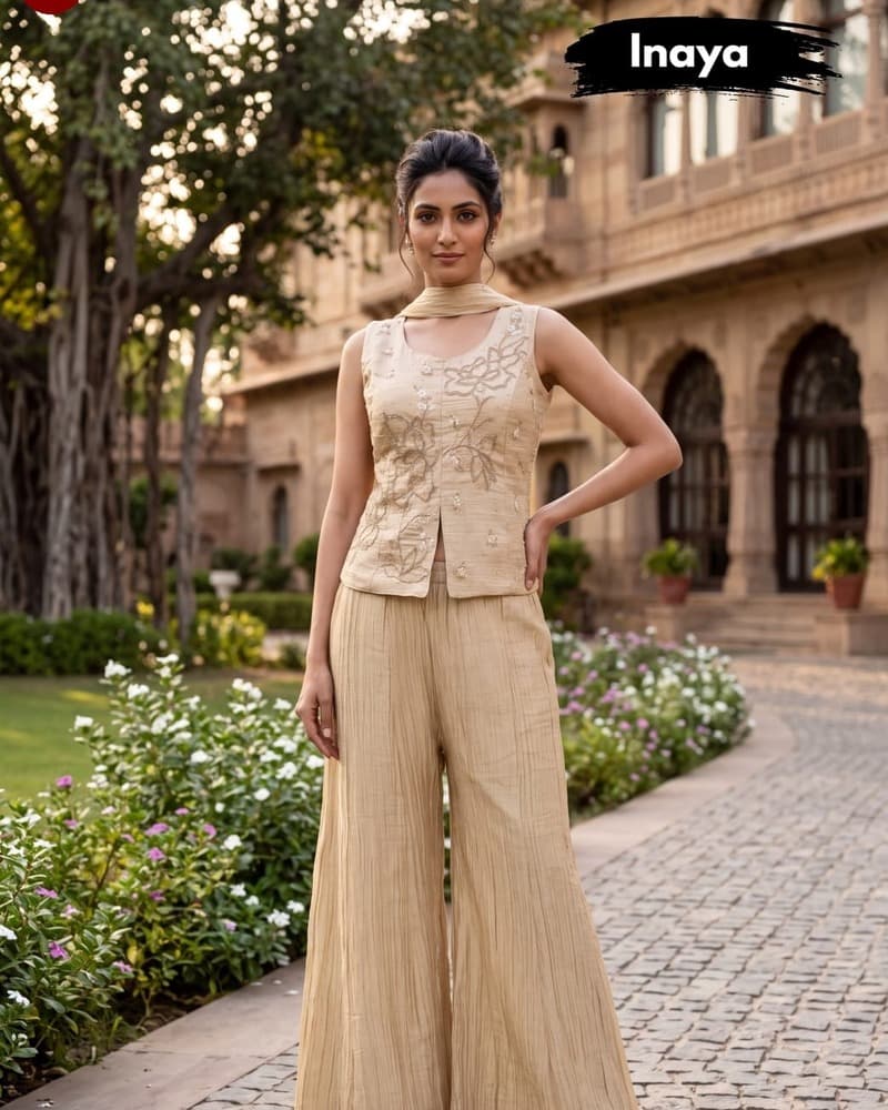 Inaya Cream & Gold Sharara Set — Full Silhouette